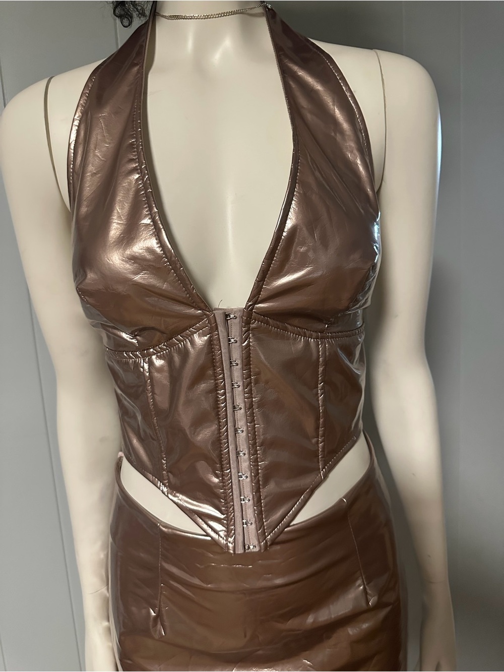 Metallic Bronze Faux Leather Halter Corset Top & Mini Skirt Set Size M